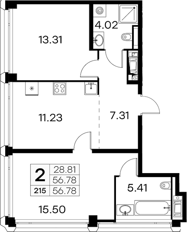 2-комнатная квартира 56.78 м², 18/19 эт., ЖК «GloraX Aura Vasileostrovsky»
